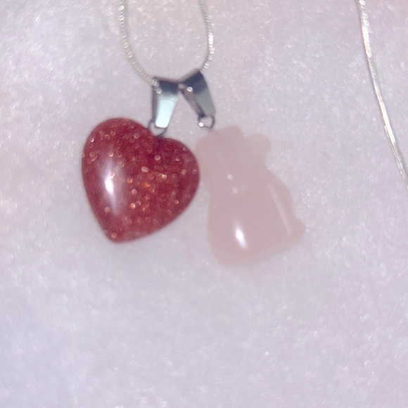Boho Hippie Rose Quartz Crystal Dog and Goldstone Heart Silver 16” Necklace - Picture 3 of 6